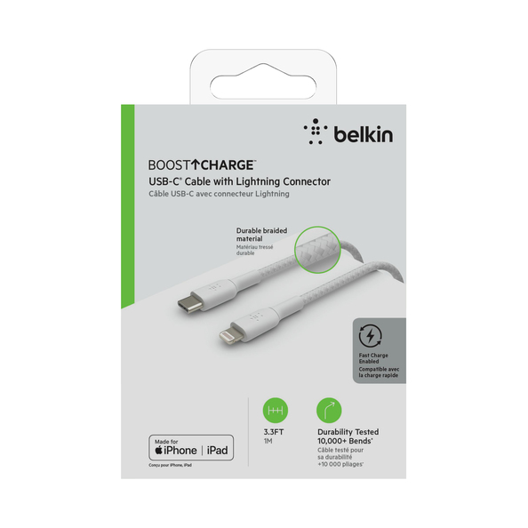 Belkin braided kabel lightning to USB-C 1m wit