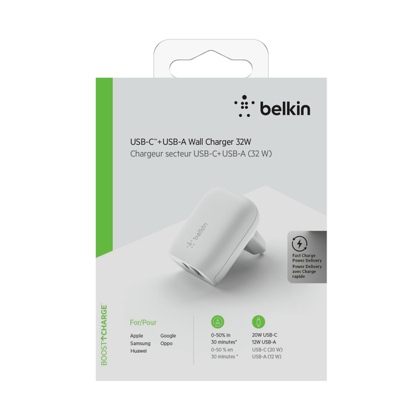 Belkin 32W dual home charger netspanningsadapapter ASB-A en USB-C