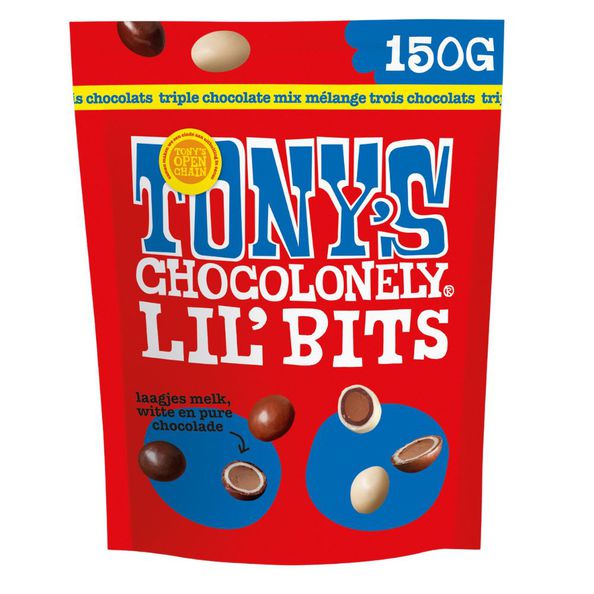 Tony's Chocolonely lil' bits triple chocolate zak 150 gr