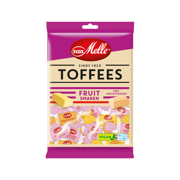 Van melle toffees fruit vegan zak 225 gr