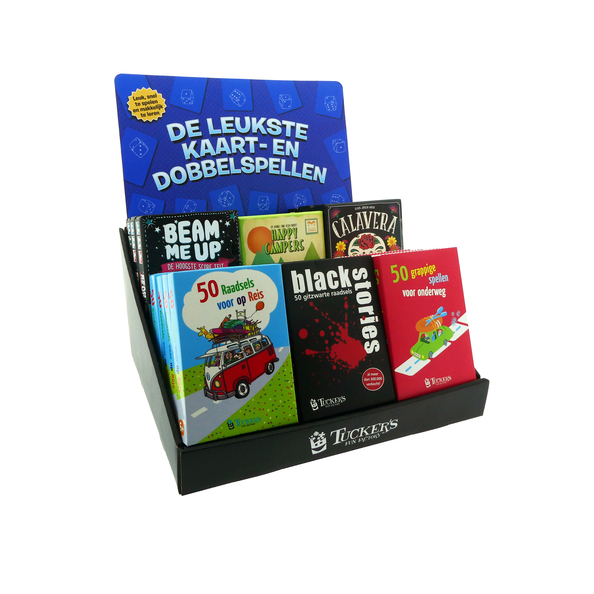 Display gevuld met de leukste dobbel en kaartspellen van Tuckers Fun Factory