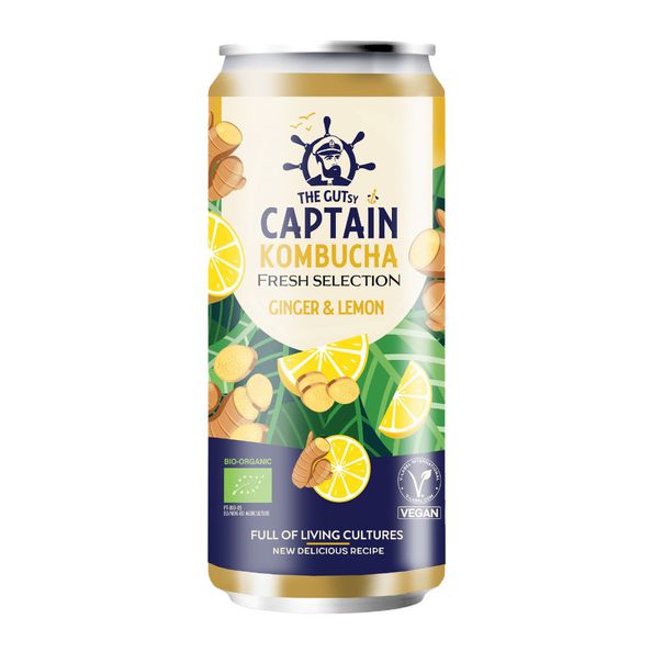 The Gutsy Captain kombucha fresh ginger lemon bio blik 250 ml