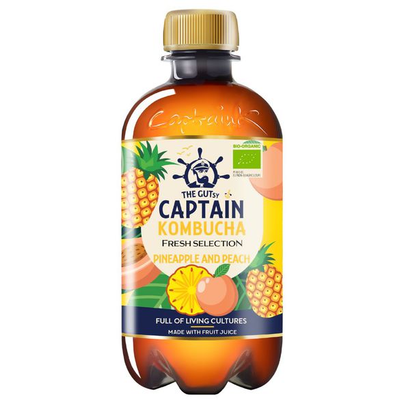 The Gutsy Captain kombucha fresh pineapple peach bio pet fles 400 ml