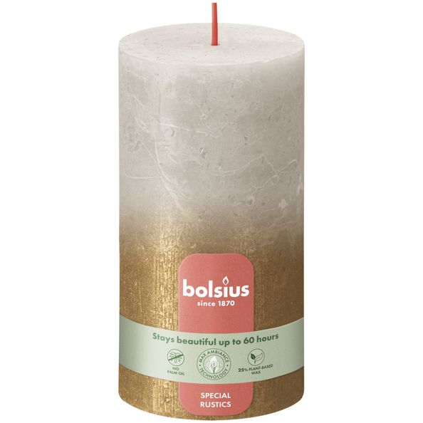 Bolsius Rustiek fading metallic stompkaars 130/68 Sandy grey + Gold