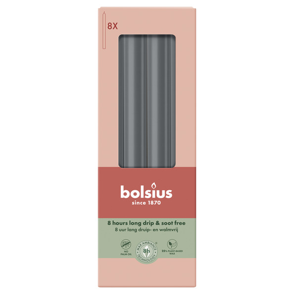 Bolsius Dinerkaarsen 230/20 doos 8 Stormy Grey
