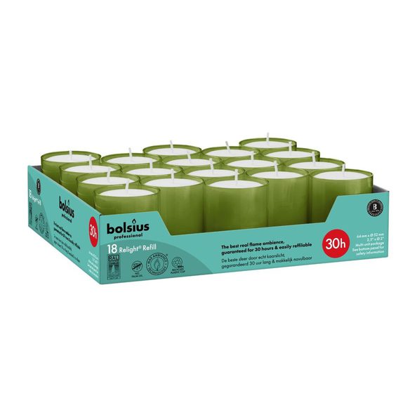 Bolsius relight navullingen 30 hrs olijfgroen 4x18stuks